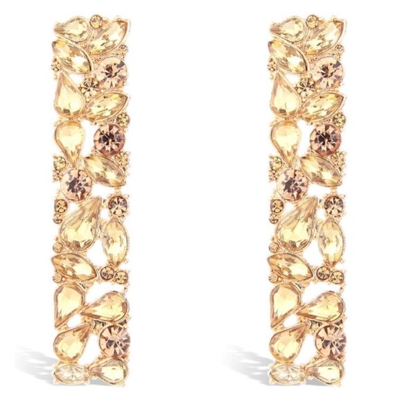 Yellow Gold with Champagne Topaz Crystal Geometric Rectangle Post Back Earrings - Picture 1 of 7